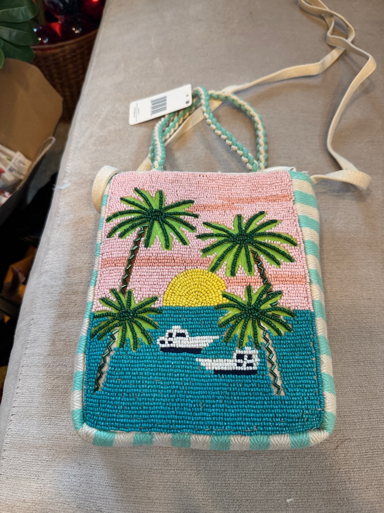 Beaded Palm Sunset Crossbody Bag - Pink & Teal
